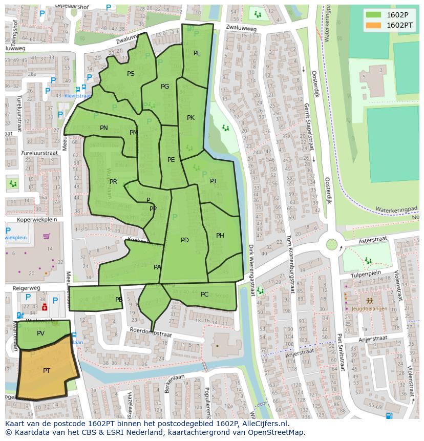 Afbeelding van het postcodegebied 1602 PT op de kaart.