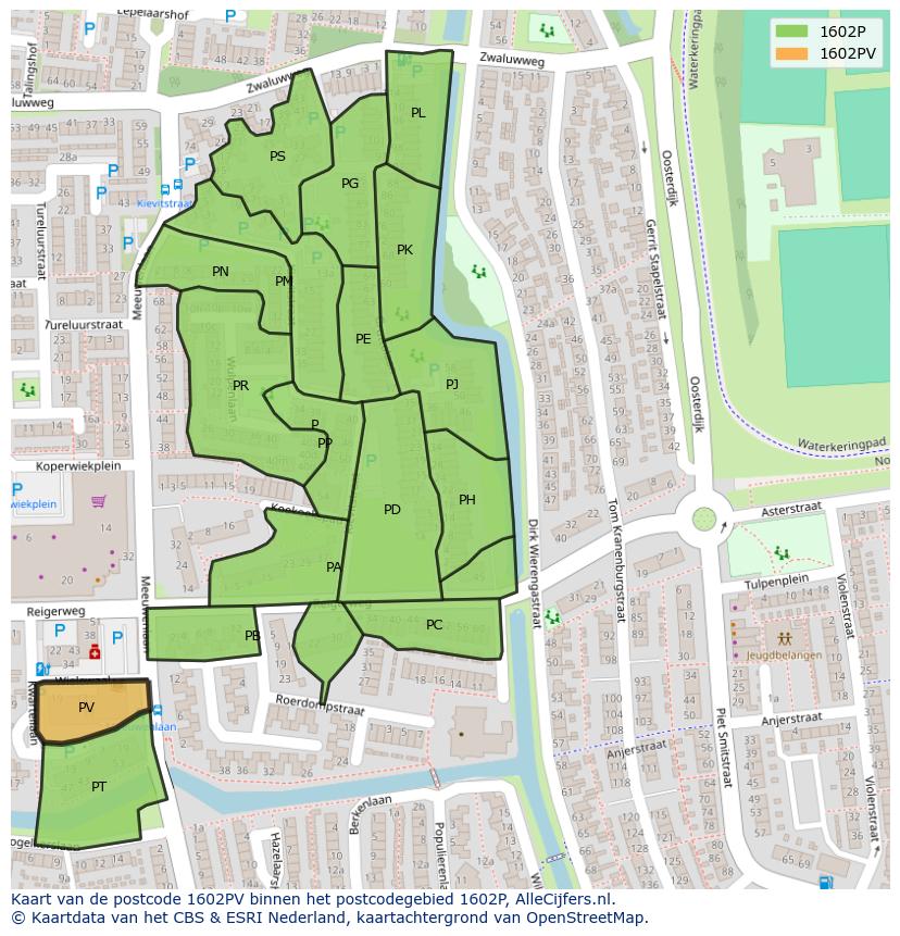 Afbeelding van het postcodegebied 1602 PV op de kaart.