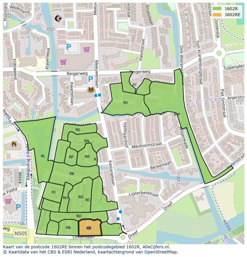 Afbeelding van het postcodegebied 1602 RE op de kaart.