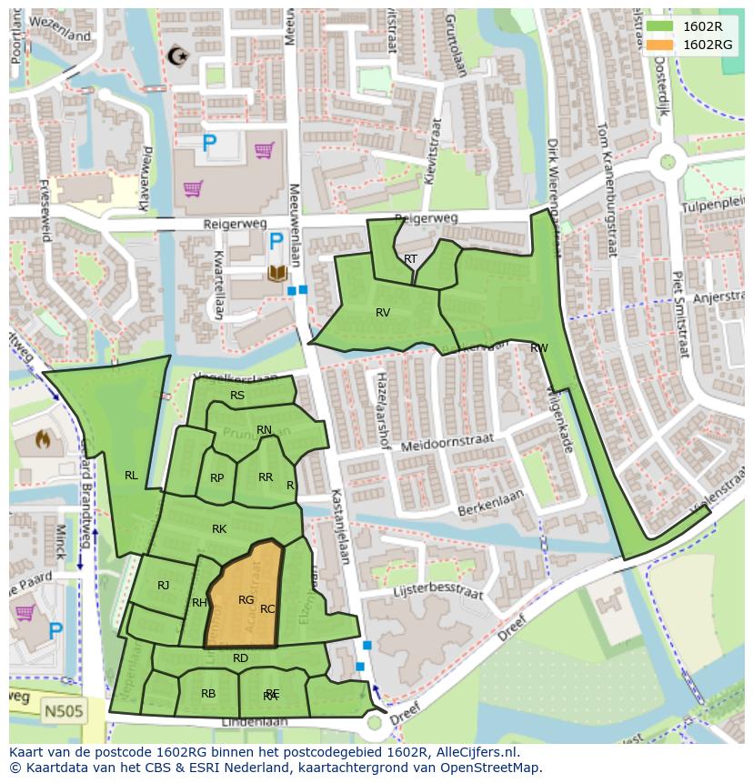 Afbeelding van het postcodegebied 1602 RG op de kaart.
