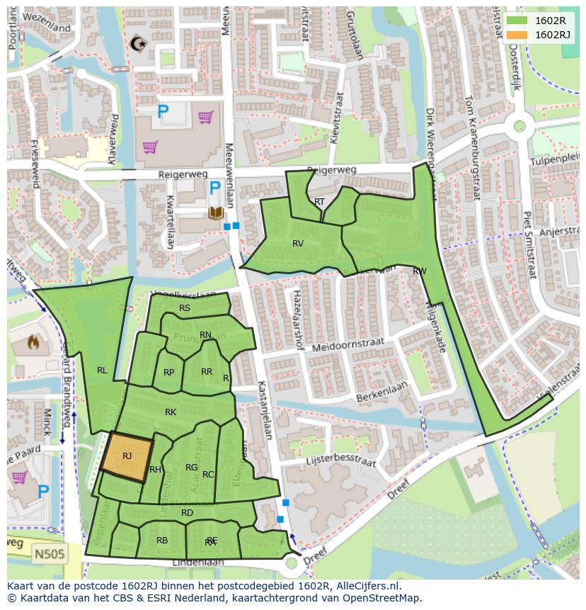 Afbeelding van het postcodegebied 1602 RJ op de kaart.