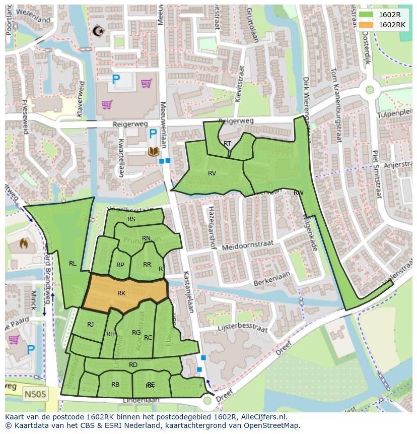 Afbeelding van het postcodegebied 1602 RK op de kaart.