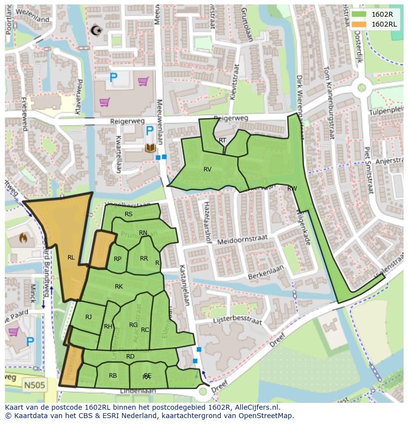 Afbeelding van het postcodegebied 1602 RL op de kaart.
