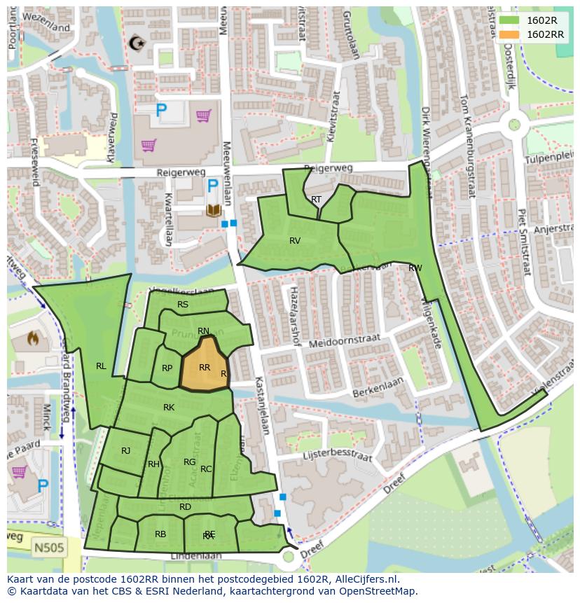 Afbeelding van het postcodegebied 1602 RR op de kaart.
