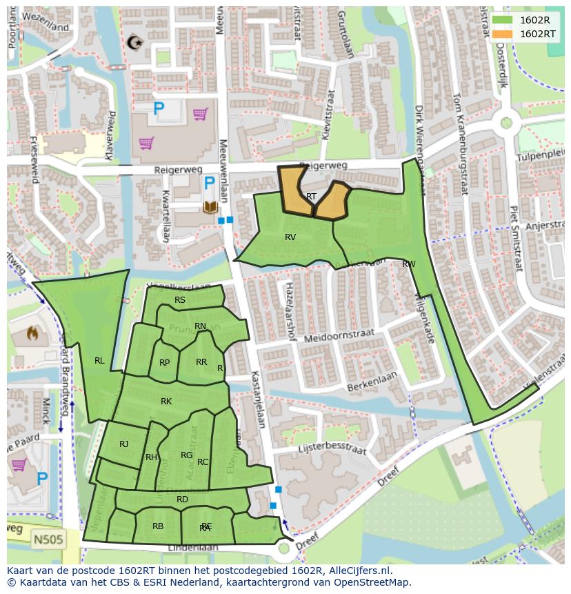 Afbeelding van het postcodegebied 1602 RT op de kaart.