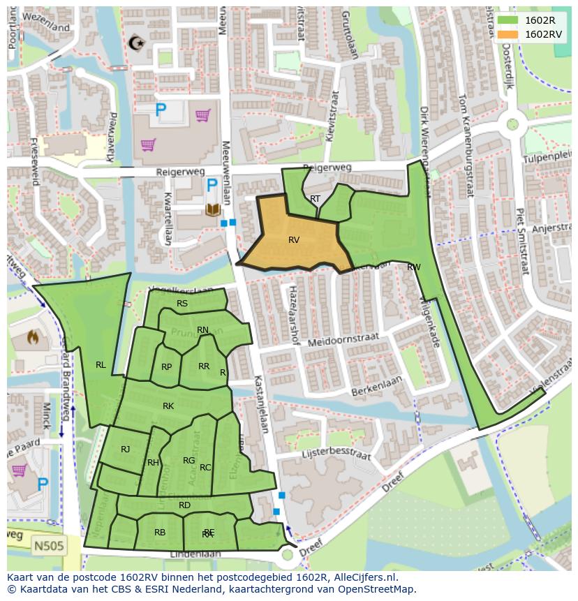 Afbeelding van het postcodegebied 1602 RV op de kaart.