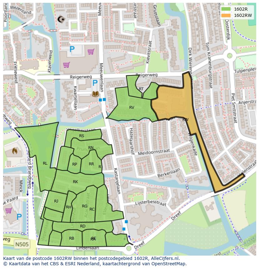 Afbeelding van het postcodegebied 1602 RW op de kaart.