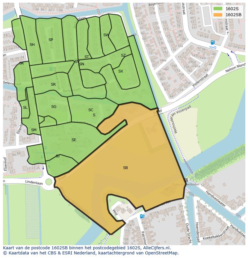 Afbeelding van het postcodegebied 1602 SB op de kaart.