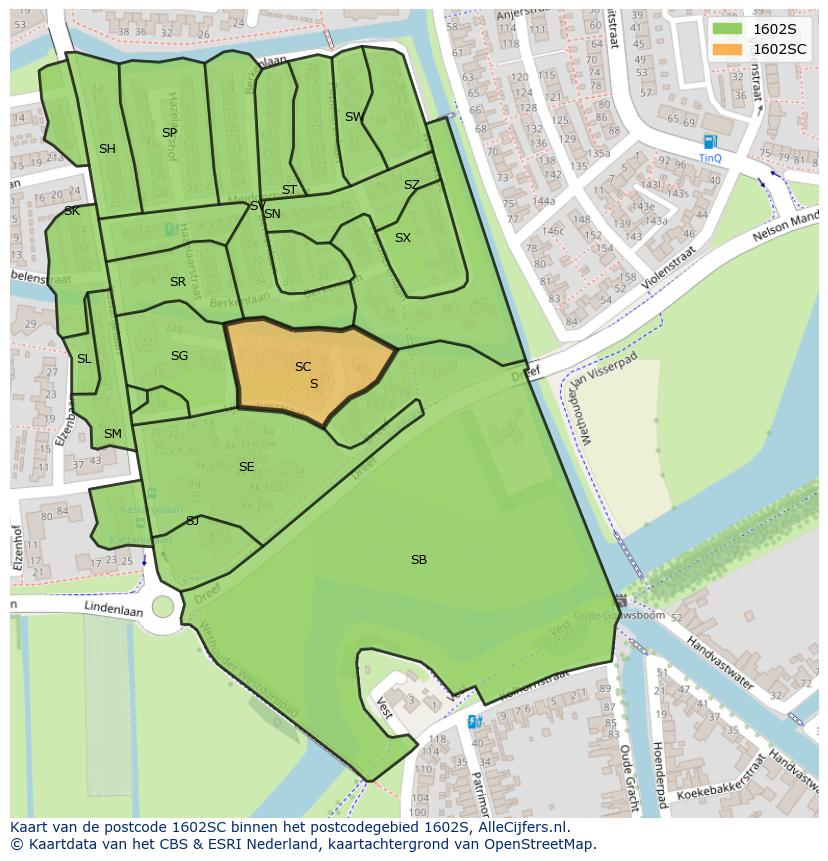 Afbeelding van het postcodegebied 1602 SC op de kaart.