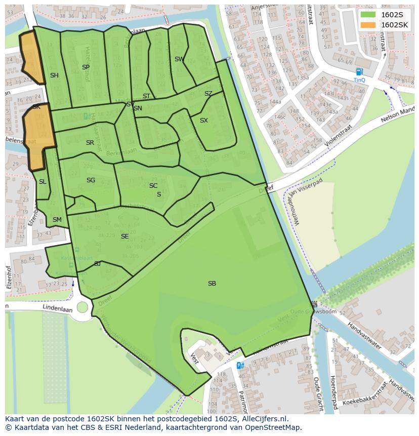 Afbeelding van het postcodegebied 1602 SK op de kaart.