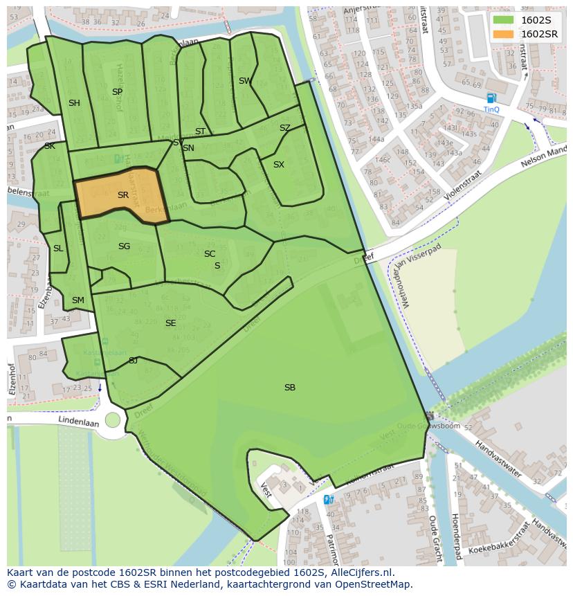 Afbeelding van het postcodegebied 1602 SR op de kaart.