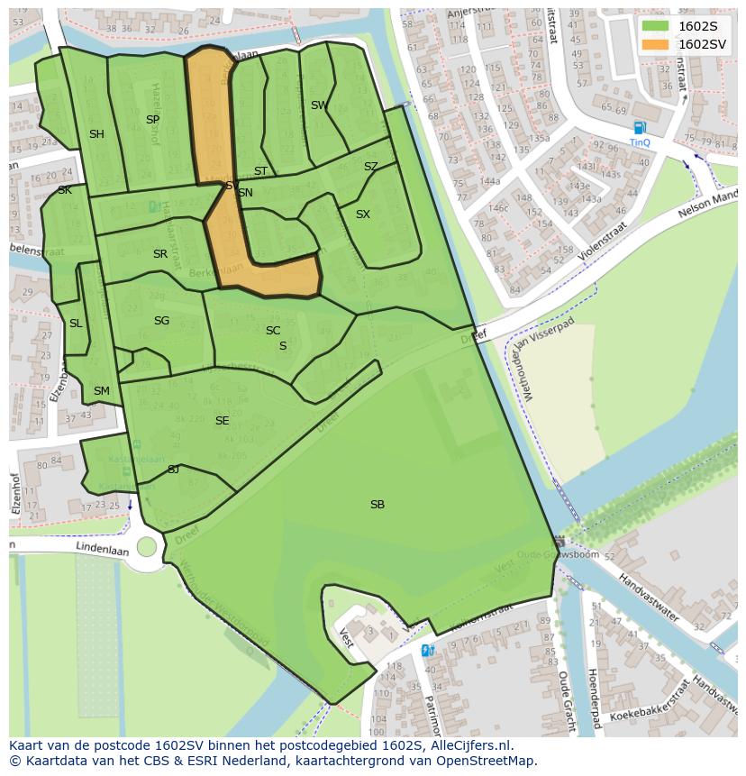Afbeelding van het postcodegebied 1602 SV op de kaart.