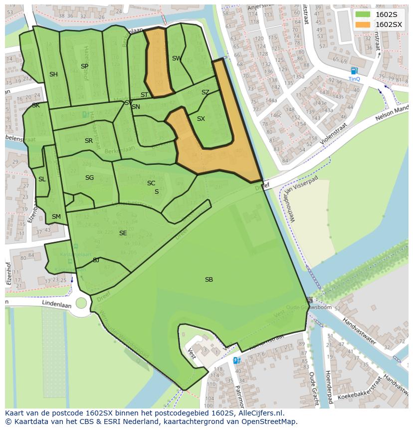 Afbeelding van het postcodegebied 1602 SX op de kaart.