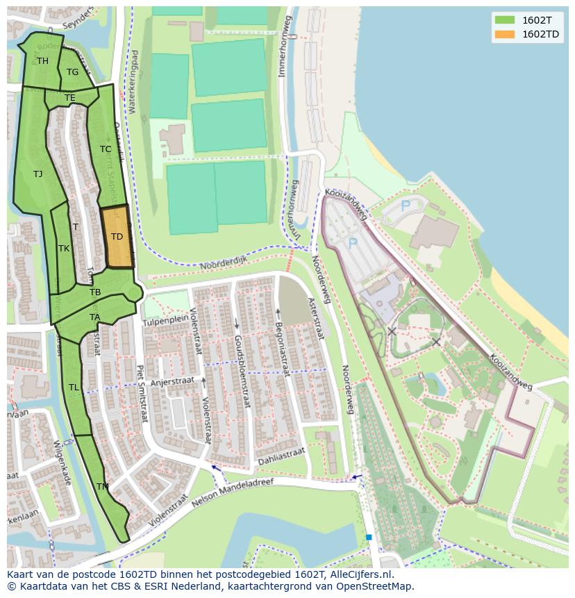 Afbeelding van het postcodegebied 1602 TD op de kaart.