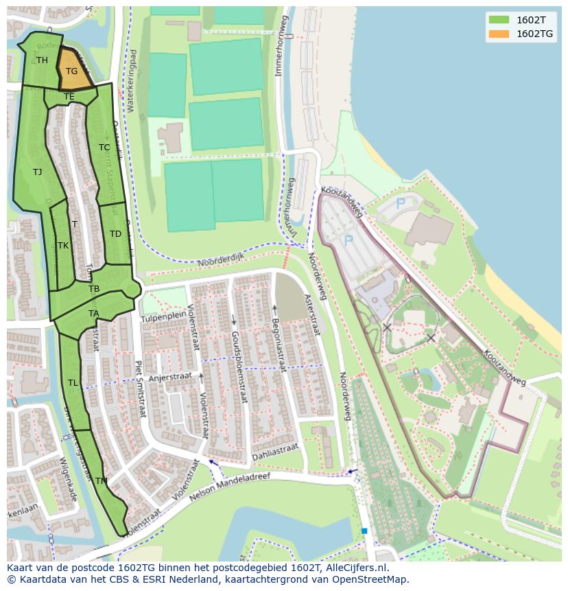 Afbeelding van het postcodegebied 1602 TG op de kaart.