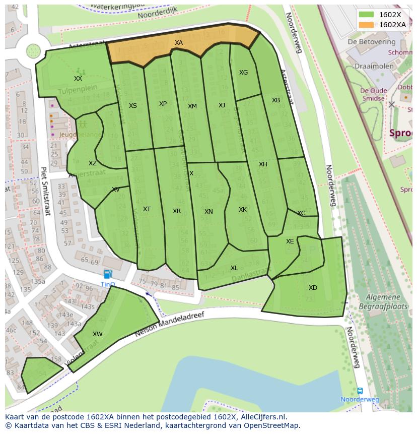 Afbeelding van het postcodegebied 1602 XA op de kaart.