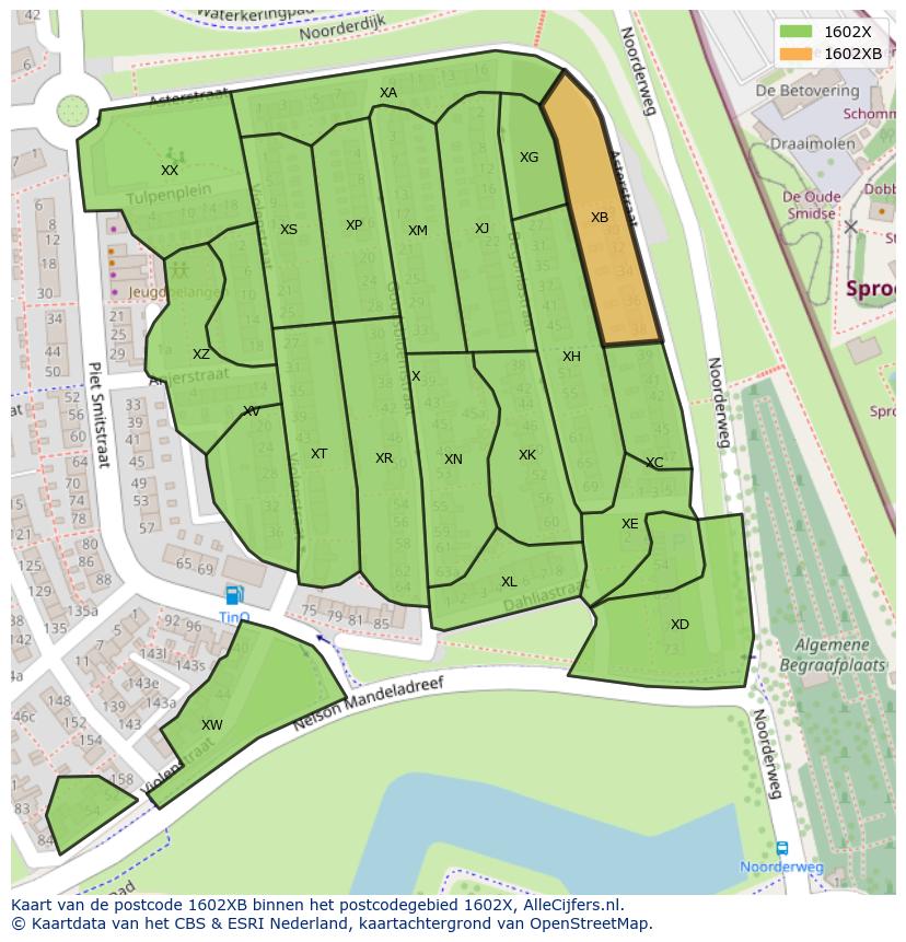 Afbeelding van het postcodegebied 1602 XB op de kaart.
