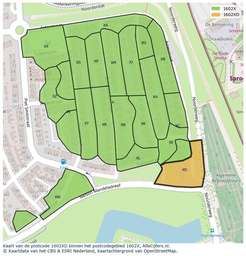 Afbeelding van het postcodegebied 1602 XD op de kaart.