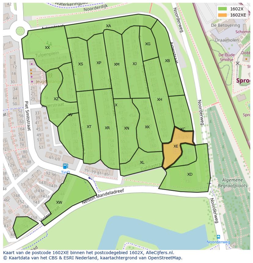 Afbeelding van het postcodegebied 1602 XE op de kaart.