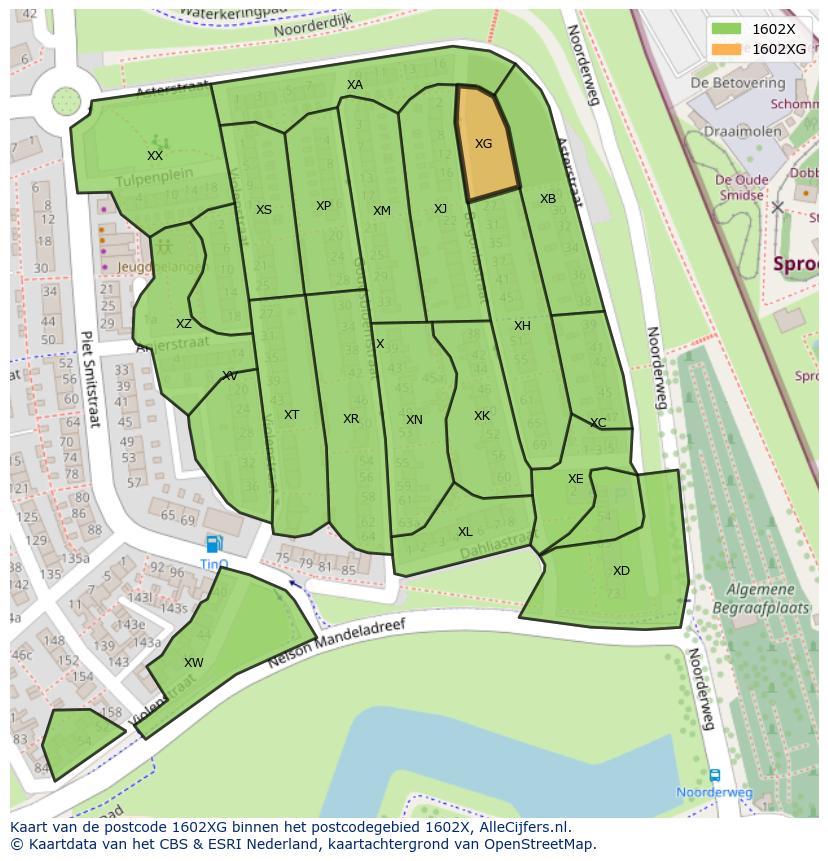 Afbeelding van het postcodegebied 1602 XG op de kaart.