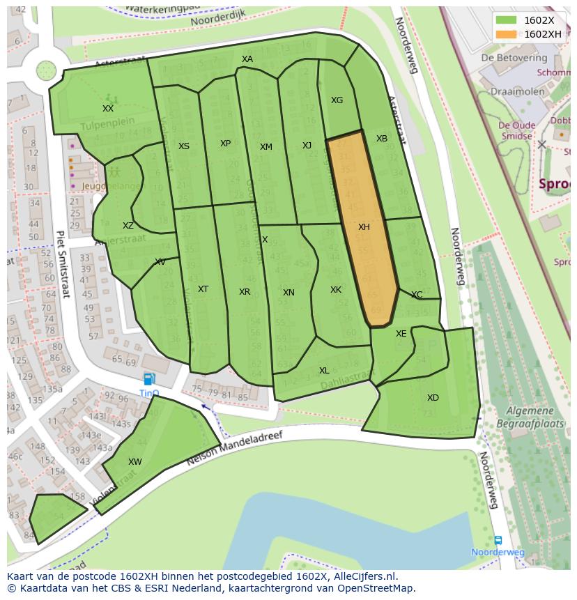 Afbeelding van het postcodegebied 1602 XH op de kaart.
