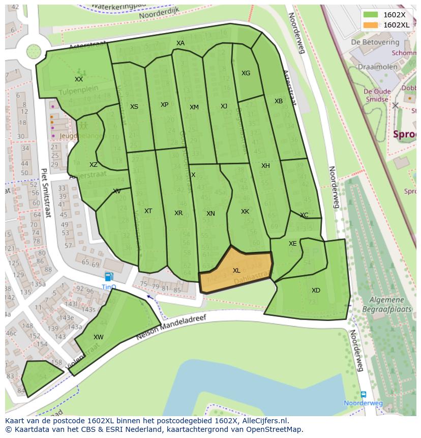 Afbeelding van het postcodegebied 1602 XL op de kaart.
