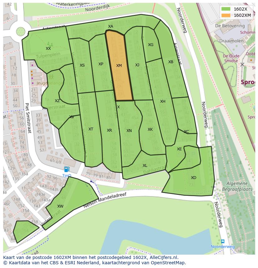 Afbeelding van het postcodegebied 1602 XM op de kaart.