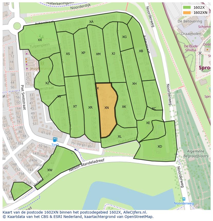 Afbeelding van het postcodegebied 1602 XN op de kaart.