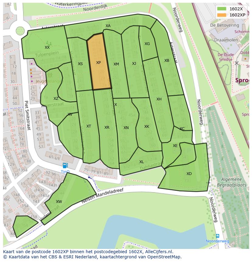 Afbeelding van het postcodegebied 1602 XP op de kaart.