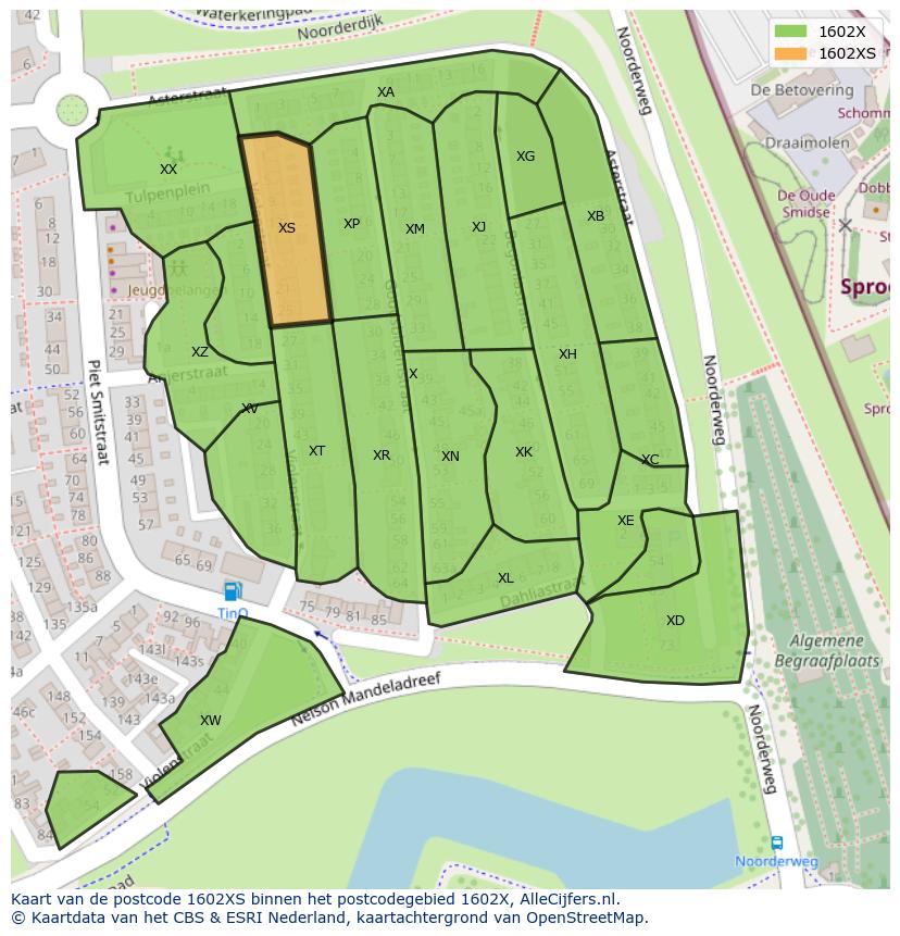 Afbeelding van het postcodegebied 1602 XS op de kaart.