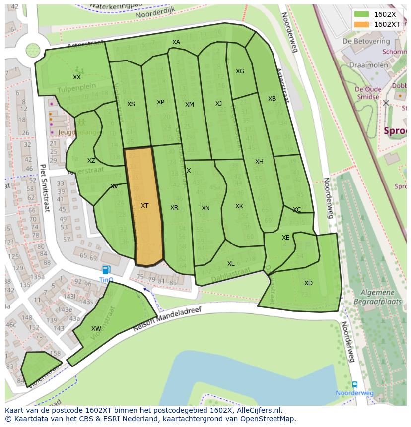 Afbeelding van het postcodegebied 1602 XT op de kaart.