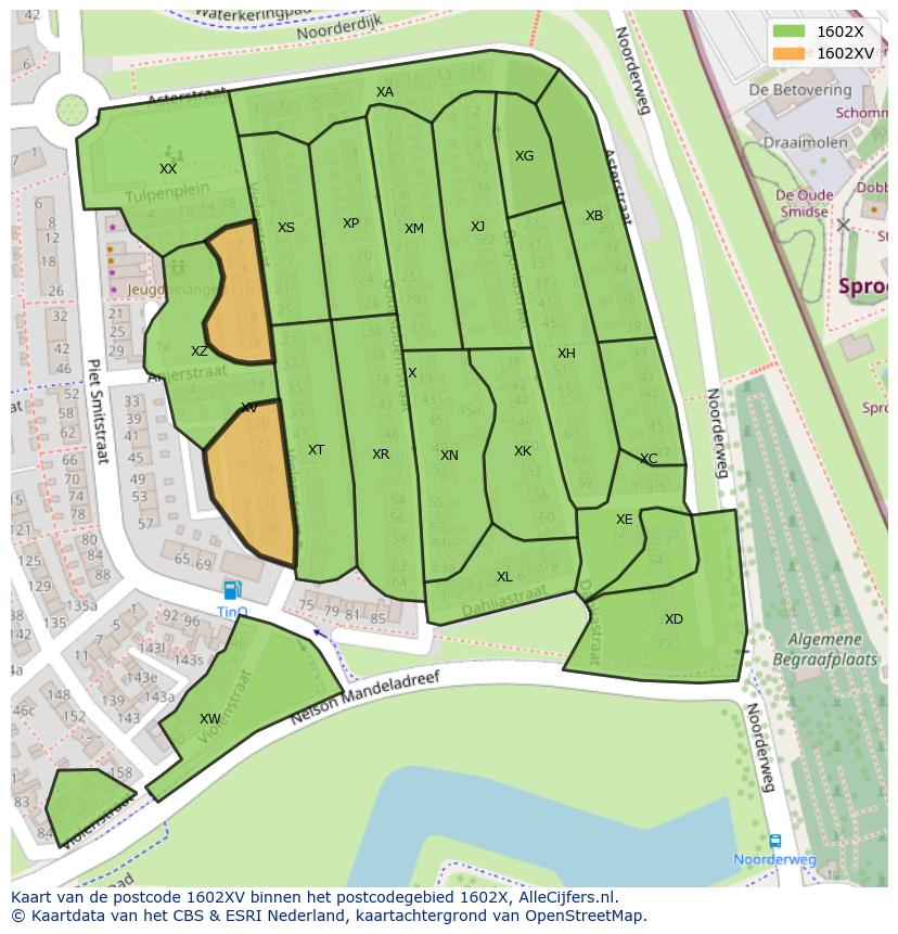 Afbeelding van het postcodegebied 1602 XV op de kaart.