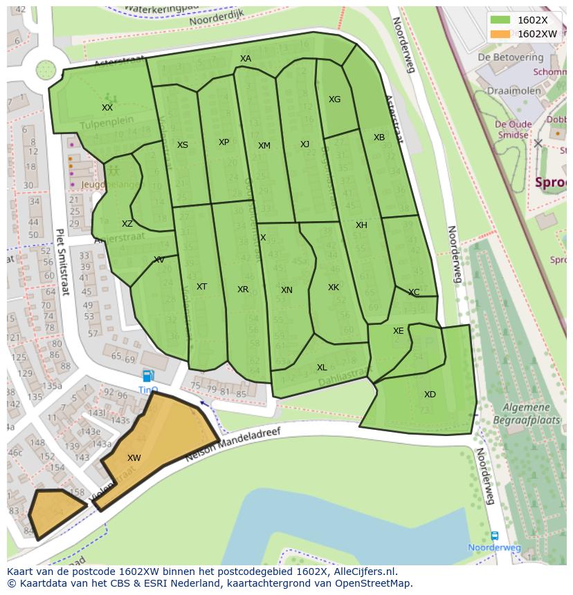Afbeelding van het postcodegebied 1602 XW op de kaart.