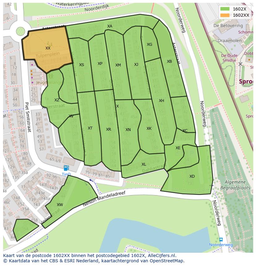 Afbeelding van het postcodegebied 1602 XX op de kaart.