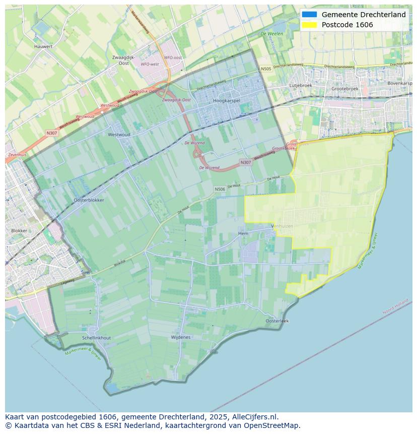 Afbeelding van het postcodegebied 1606 op de kaart.