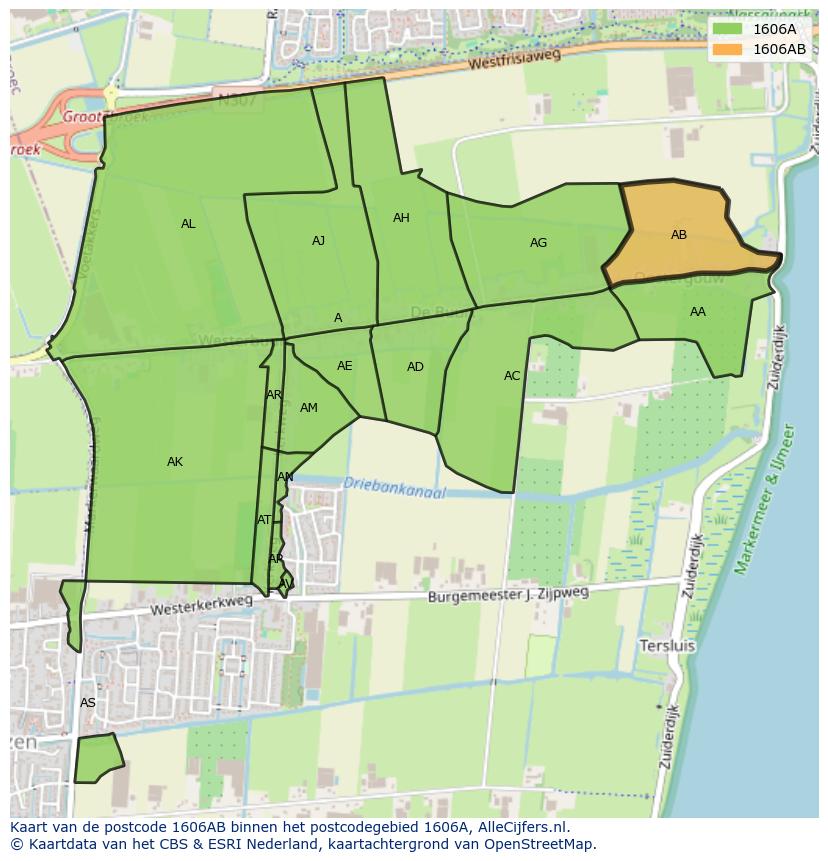 Afbeelding van het postcodegebied 1606 AB op de kaart.