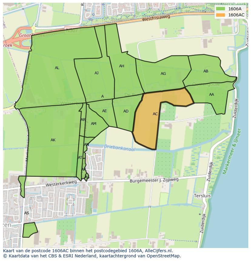 Afbeelding van het postcodegebied 1606 AC op de kaart.