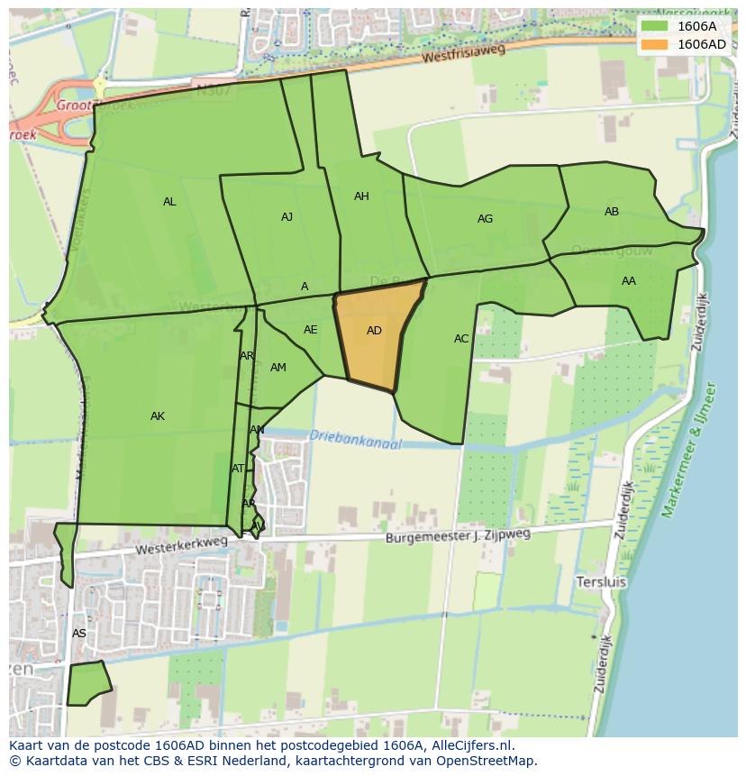 Afbeelding van het postcodegebied 1606 AD op de kaart.