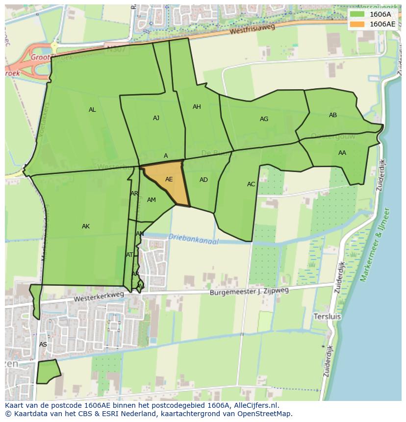 Afbeelding van het postcodegebied 1606 AE op de kaart.