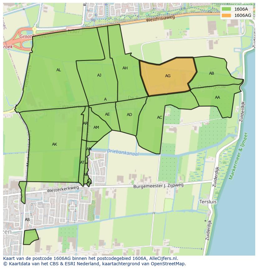Afbeelding van het postcodegebied 1606 AG op de kaart.