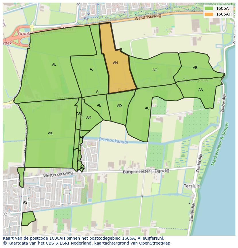 Afbeelding van het postcodegebied 1606 AH op de kaart.