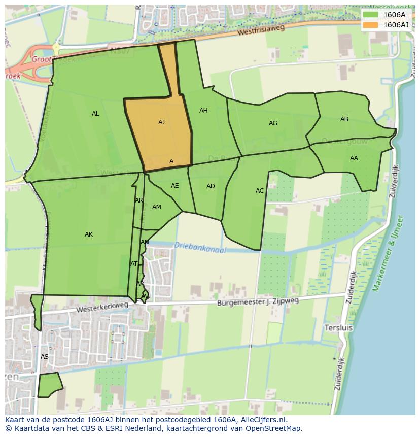 Afbeelding van het postcodegebied 1606 AJ op de kaart.