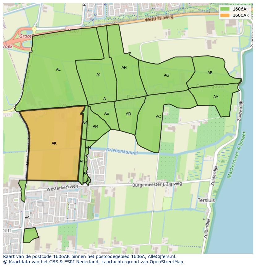 Afbeelding van het postcodegebied 1606 AK op de kaart.