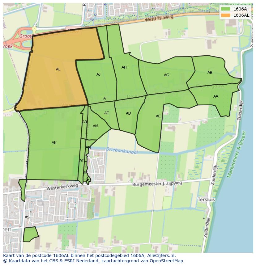Afbeelding van het postcodegebied 1606 AL op de kaart.