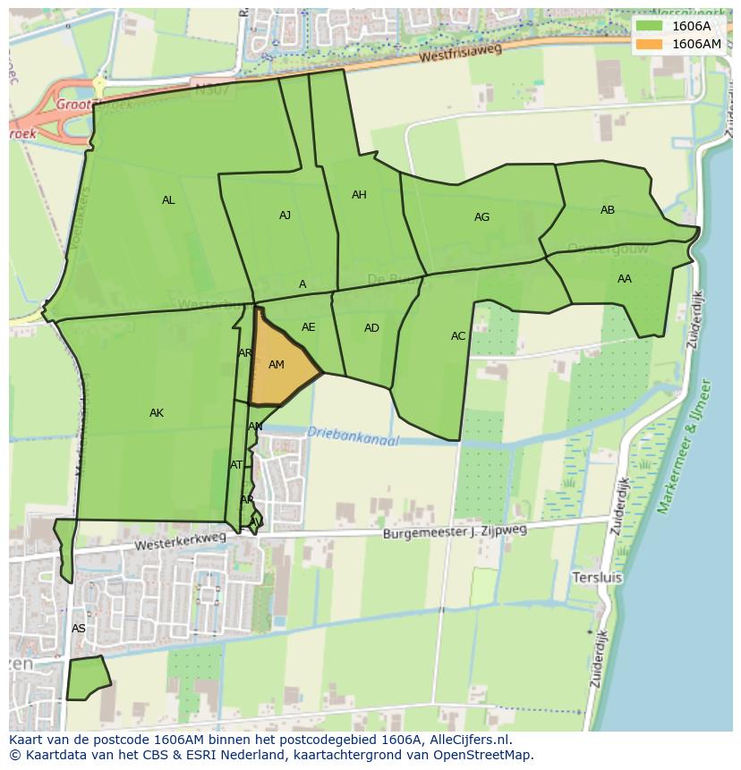 Afbeelding van het postcodegebied 1606 AM op de kaart.