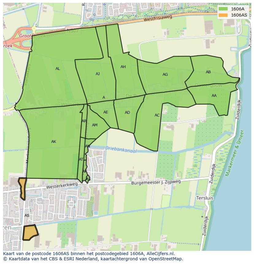 Afbeelding van het postcodegebied 1606 AS op de kaart.