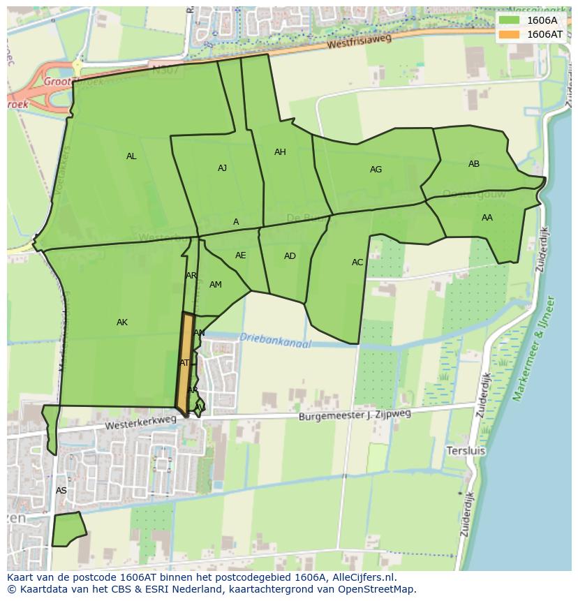 Afbeelding van het postcodegebied 1606 AT op de kaart.