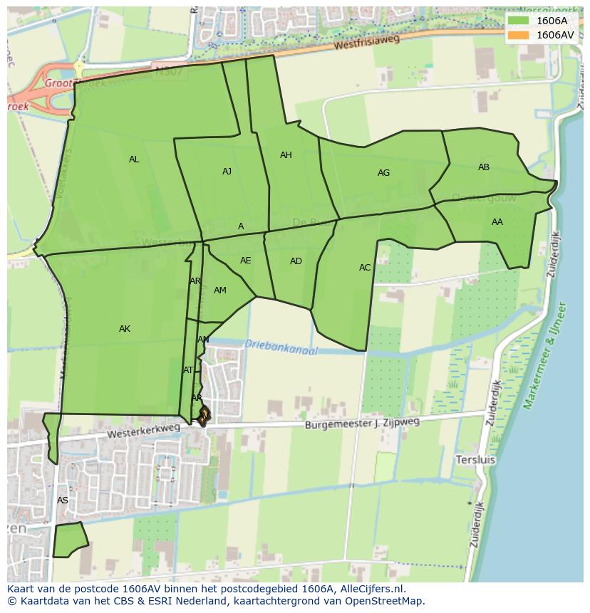 Afbeelding van het postcodegebied 1606 AV op de kaart.