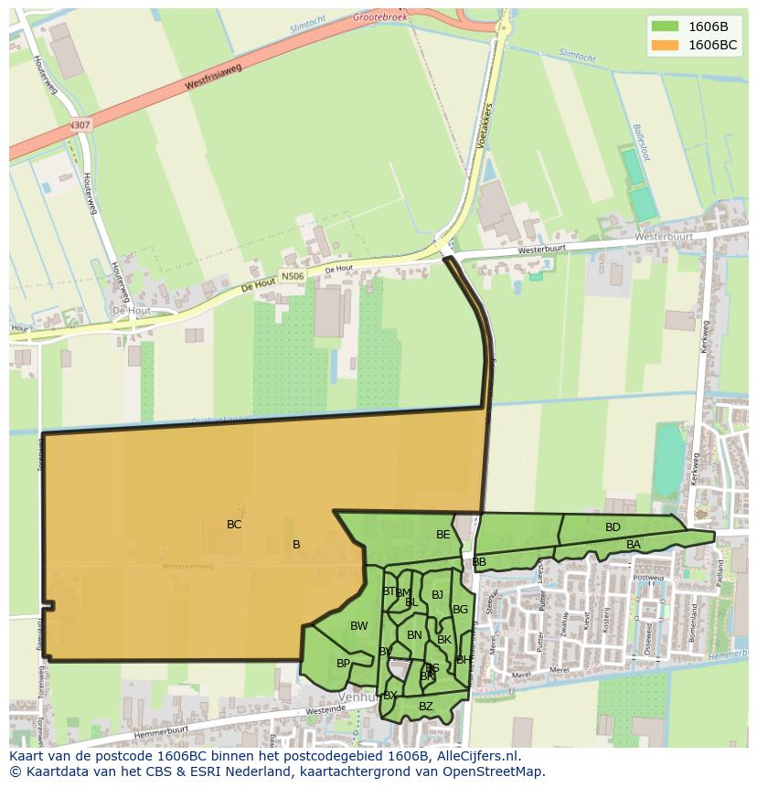 Afbeelding van het postcodegebied 1606 BC op de kaart.