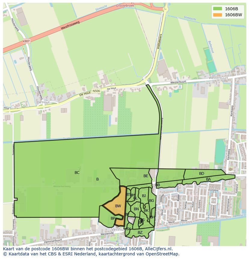 Afbeelding van het postcodegebied 1606 BW op de kaart.